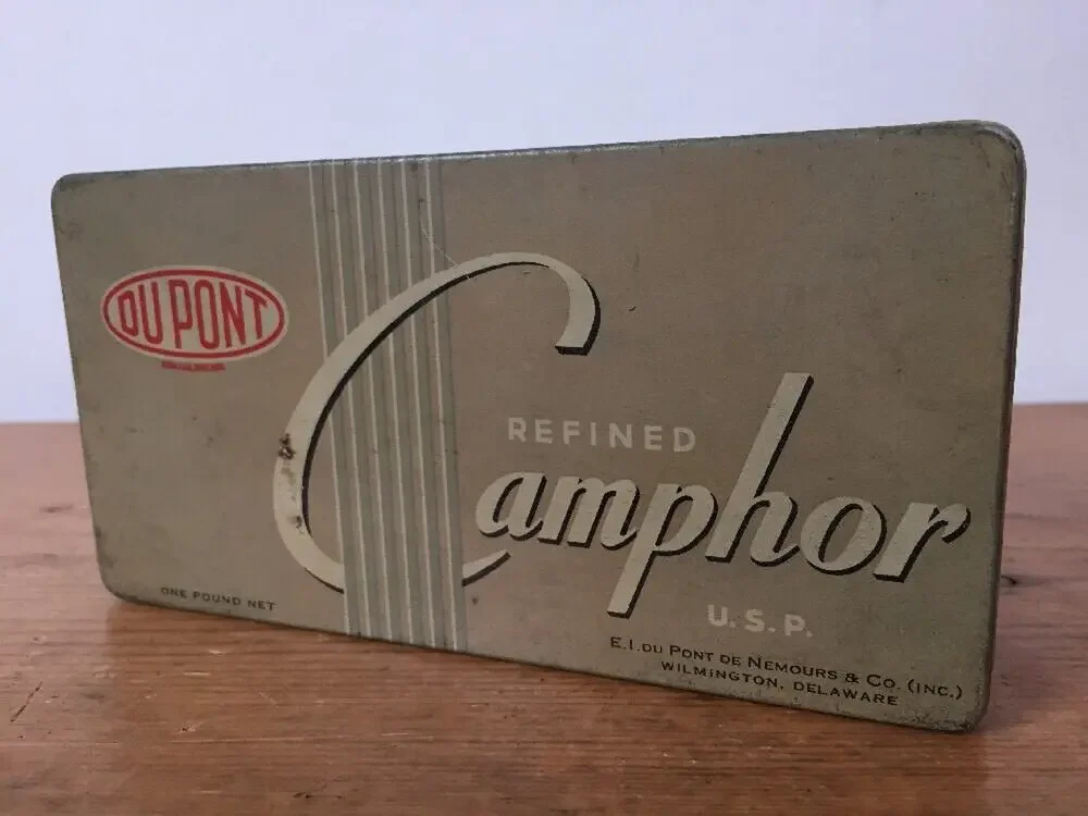 Vintage DuPont Refined Camphor USP 32 Tablet Rectangular Metal Tin Empty